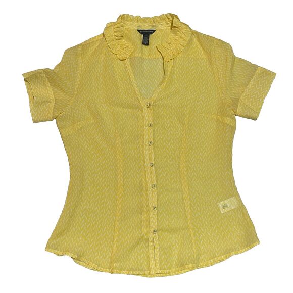 Banana Republic Small Silk Blend Chevron Button Blouse Yellow Short Sleeve - Picture 1 of 6